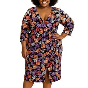 Avenue Plus Size 22/24 Dress Faux Wrap Abstract Leaf Print 3/4 Sleeves Tie Waist